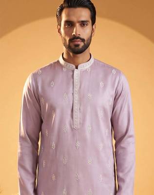 Mens lavender silk blend solid embroidered kurta 2