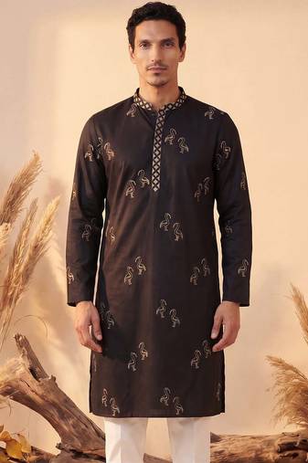 Mens black silk blend solid embroidered kurta