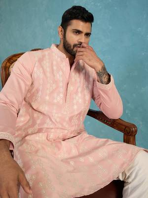 Mens pink silk blend solid embroidered kurta 1