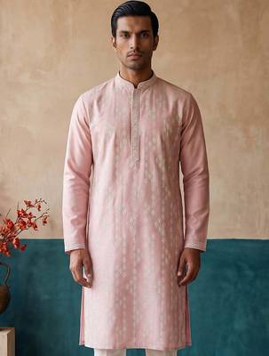 Mens pink silk blend solid embroidered kurta 1