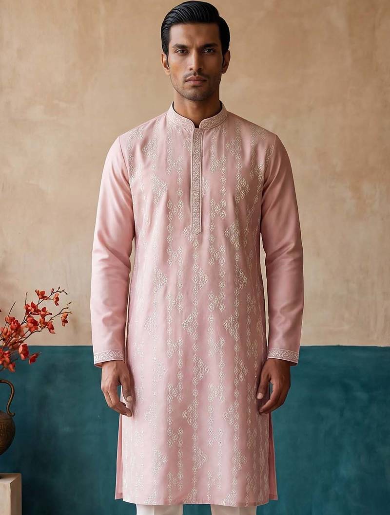 Mens pink silk blend solid embroidered kurta