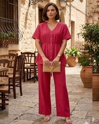 Women's pink solid short sleeve top with elastic waist trousers co-ord 1