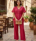 Women's pink solid short sleeve top with elastic waist trousers co-ord