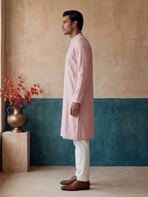 Mens pink silk blend solid embroidered kurta 3