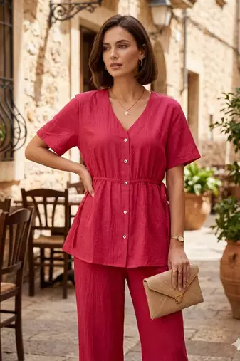 Women's pink solid short sleeve top with elastic waist trousers co-ord