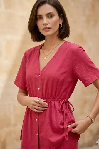 Women's pink solid short sleeve top with elastic waist trousers co-ord