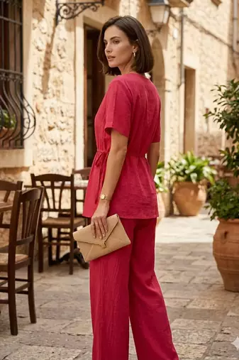 Women's pink solid short sleeve top with elastic waist trousers co-ord