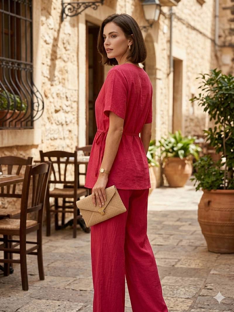 Women's pink solid short sleeve top with elastic waist trousers co-ord