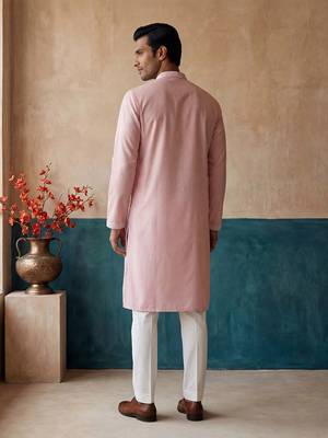 Mens pink silk blend solid embroidered kurta 4