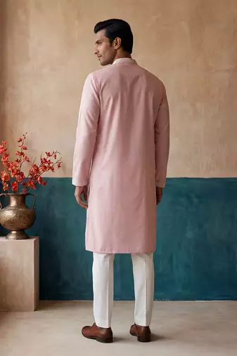 Mens pink silk blend solid embroidered kurta