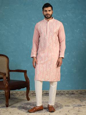Mens pink silk blend solid embroidered kurta 5