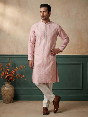 Mens pink silk blend solid embroidered kurta 5