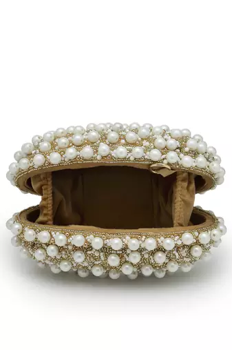   opal thread gold suede pearl beaded clutch