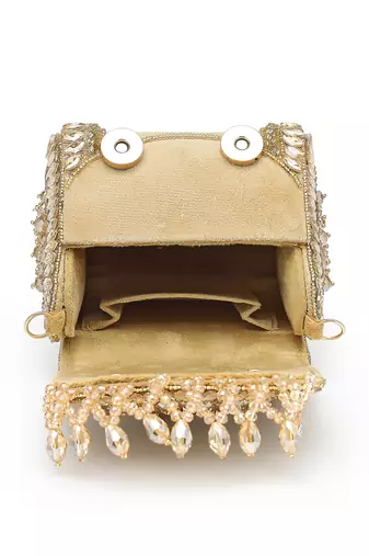   crystal cascade champagne gold suede embellished clutch