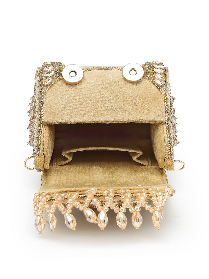  crystal cascade champagne gold suede embellished clutch