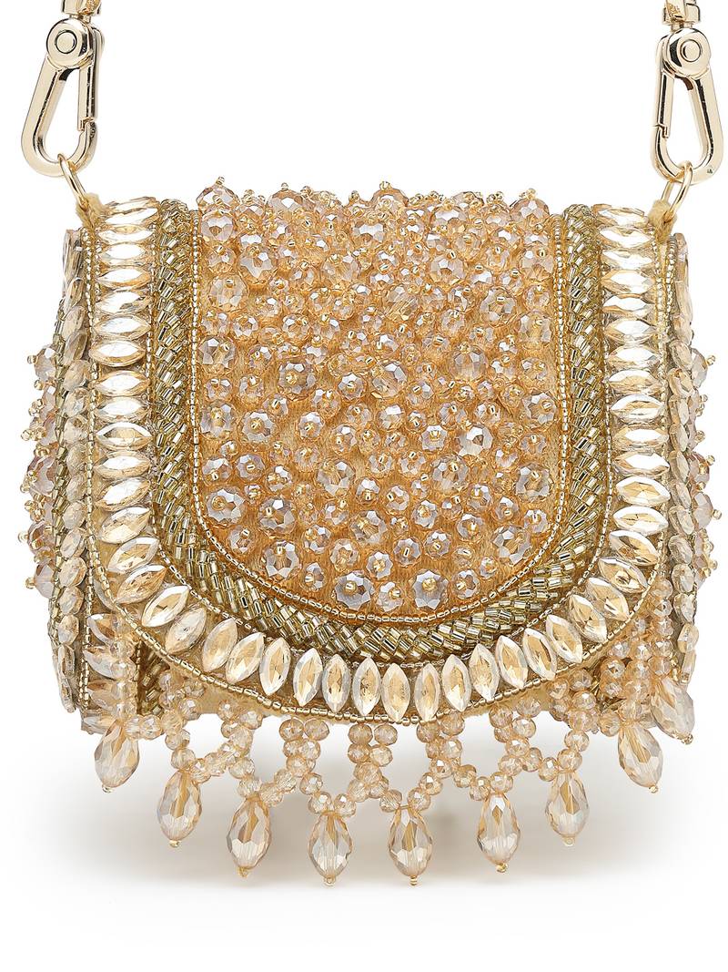  crystal cascade champagne gold suede embellished clutch