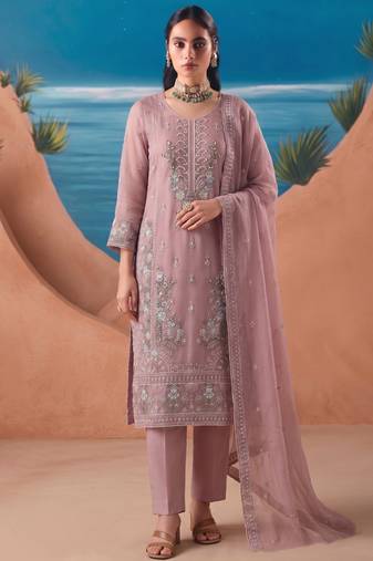 Heavy chiffon silk pink hand embroidered straight suit for women wedding