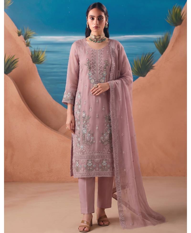 Heavy chiffon silk pink hand embroidered straight suit for women wedding