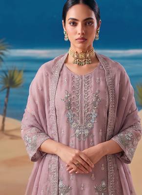 Heavy chiffon silk pink hand embroidered straight suit for women wedding 2