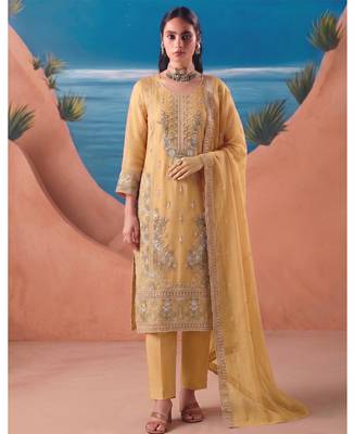 Heavy chiffon silk yellow hand embroidered straight suit for women wedding 1