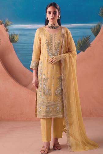 Heavy chiffon silk yellow hand embroidered straight suit for women wedding