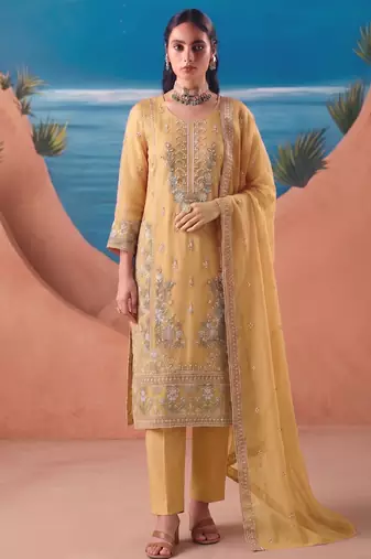 Heavy chiffon silk yellow hand embroidered straight suit for women wedding