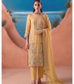 Heavy chiffon silk yellow hand embroidered straight suit for women wedding