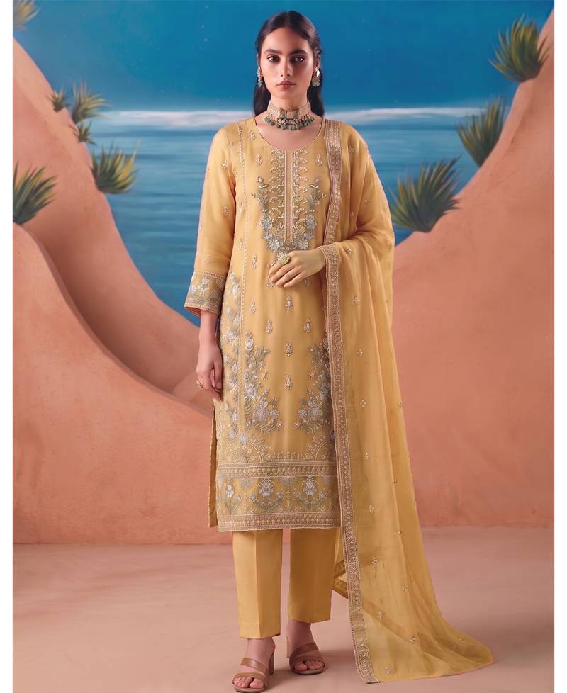 Heavy chiffon silk yellow hand embroidered straight suit for women wedding