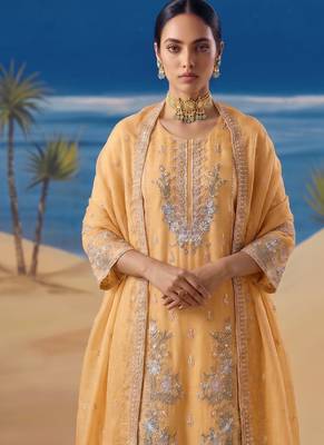 Heavy chiffon silk yellow hand embroidered straight suit for women wedding 2