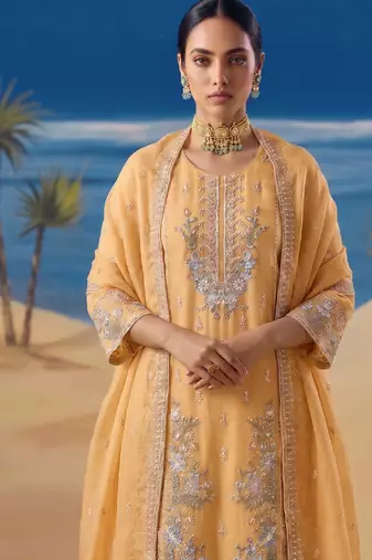 Heavy chiffon silk yellow hand embroidered straight suit for women wedding
