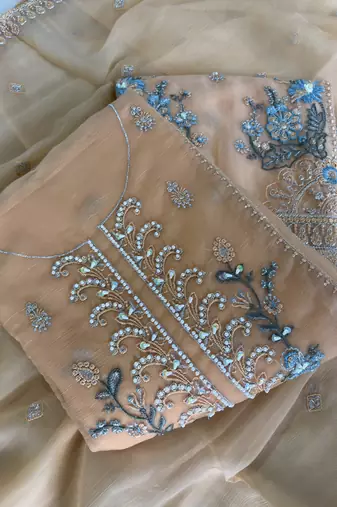 Heavy chiffon silk yellow hand embroidered straight suit for women wedding