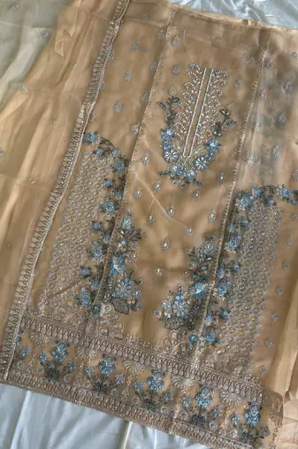 Heavy chiffon silk yellow hand embroidered straight suit for women wedding