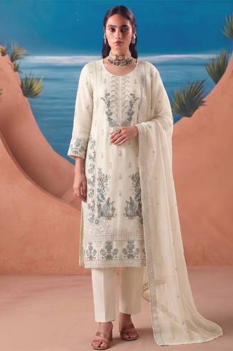Heavy chiffon silk white hand embroidered straight suit for women wedding