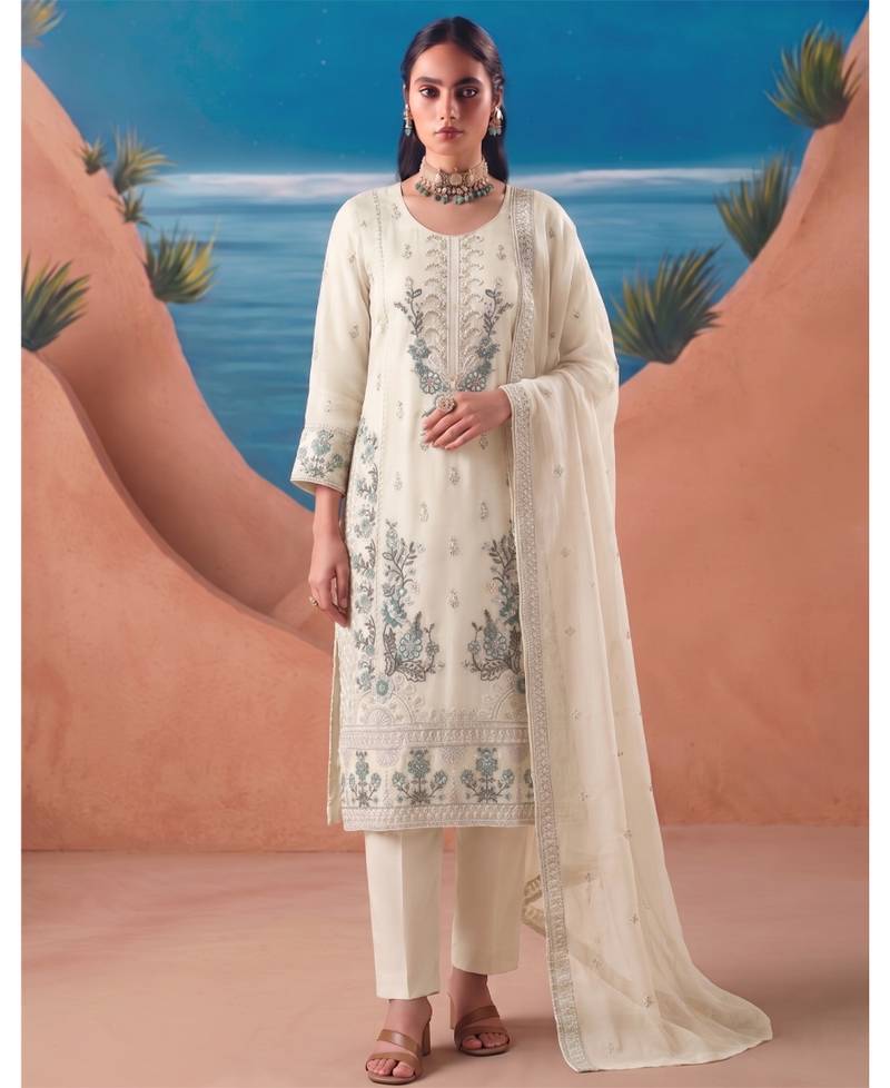 Heavy chiffon silk white hand embroidered straight suit for women wedding