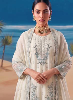 Heavy chiffon silk white hand embroidered straight suit for women wedding 2