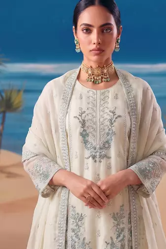 Heavy chiffon silk white hand embroidered straight suit for women wedding