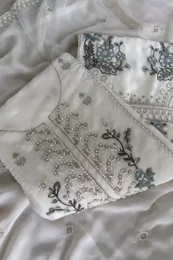 Heavy chiffon silk white hand embroidered straight suit for women wedding