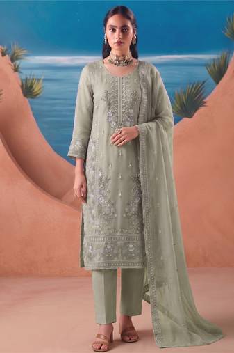 Heavy chiffon silk green hand embroidered straight suit for women wedding