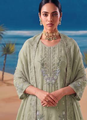 Heavy chiffon silk green hand embroidered straight suit for women wedding 2