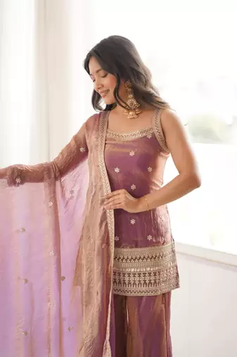Dusty mauve sequence dori zari embroidered frendy silk kurta with bell bottom pant and dupatta