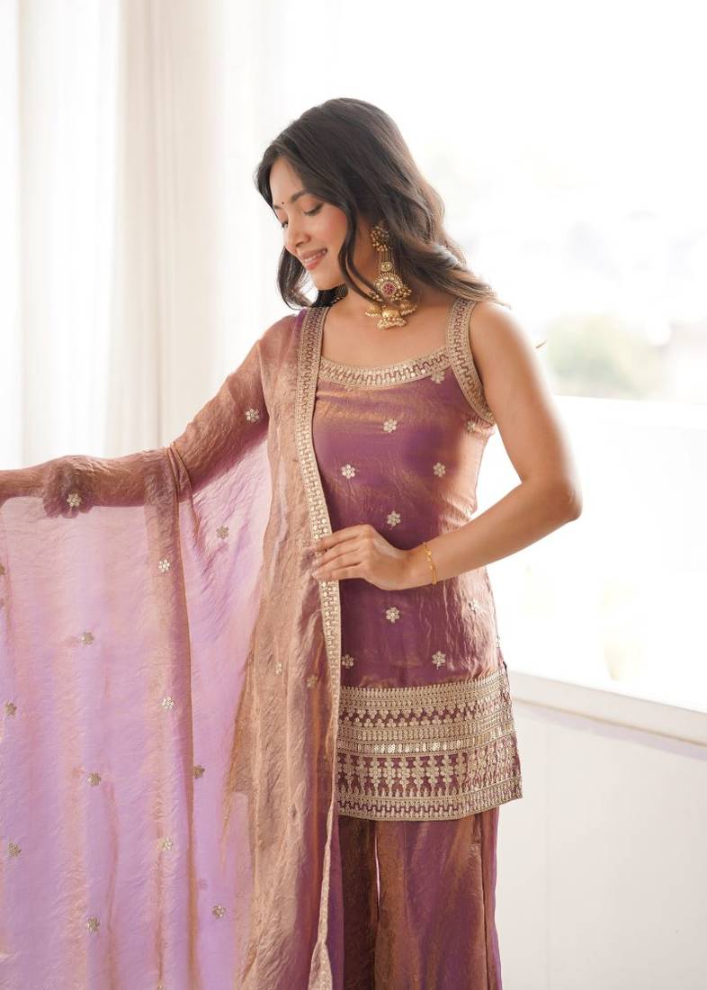 Dusty mauve sequence dori zari embroidered frendy silk kurta with bell bottom pant and dupatta