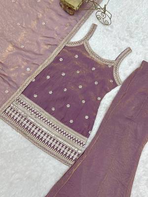 Dusty mauve sequence dori zari embroidered frendy silk kurta with bell bottom pant and dupatta 5
