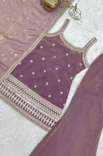 Dusty mauve sequence dori zari embroidered frendy silk kurta with bell bottom pant and dupatta