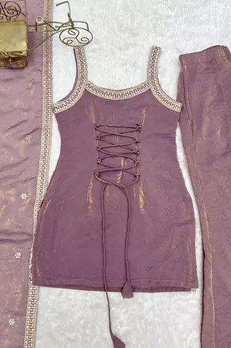 Dusty mauve sequence dori zari embroidered frendy silk kurta with bell bottom pant and dupatta