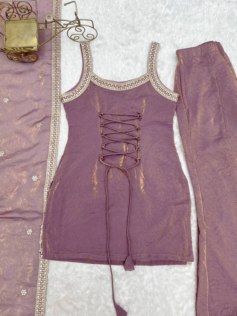 Dusty mauve sequence dori zari embroidered frendy silk kurta with bell bottom pant and dupatta