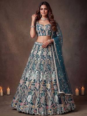 Attractive Blue Sequins Net Engagement wear Lehenga Choli with Dupatta 1