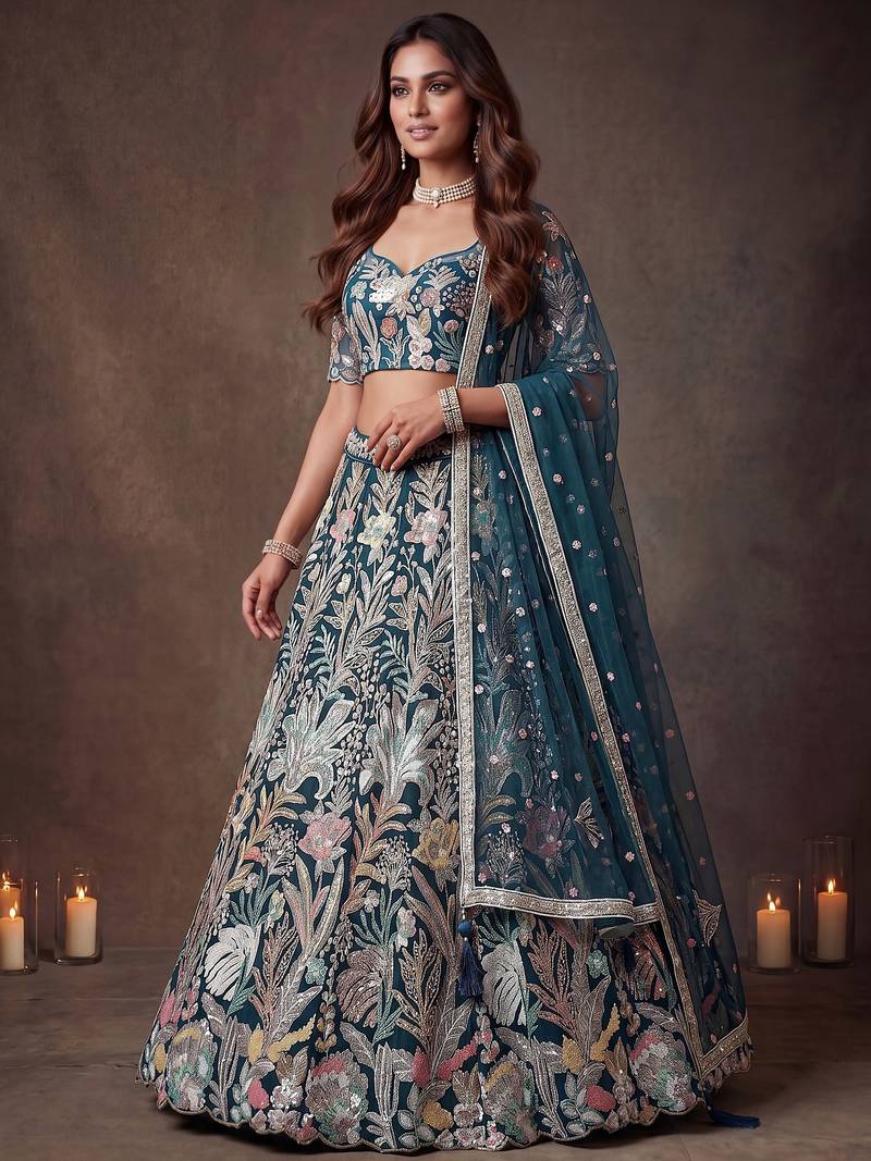 Attractive Blue Sequins Net Engagement wear Lehenga Choli with Dupatta
