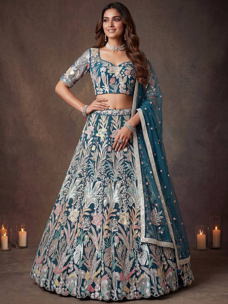 Attractive Blue Sequins Net Engagement wear Lehenga Choli with Dupatta