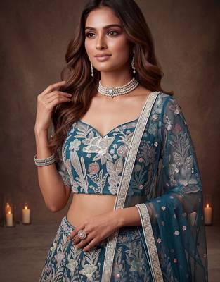 Attractive Blue Sequins Net Engagement wear Lehenga Choli with Dupatta 5