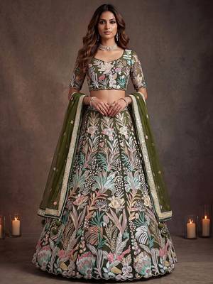 Adorning Green Sequins Net Reception Wear Lehenga Choli with Dupatta 1